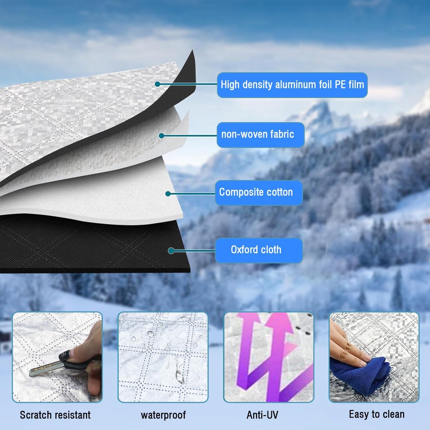 Protection Pare Brise Voiture Hiver, Couverture Pare Brise Voiture Hiver, 255X235Cm, Repliable Voiture Couverture, Universelle Pour Voiture anti Givre, Neige, Pluie Et Soleil UV